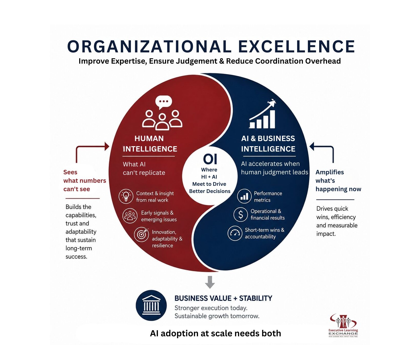 Organizational Excellence model: Human Intelligence and AI and Business Intelligence meet at Organizational Intelligence to drive better decisions, business value and stability.