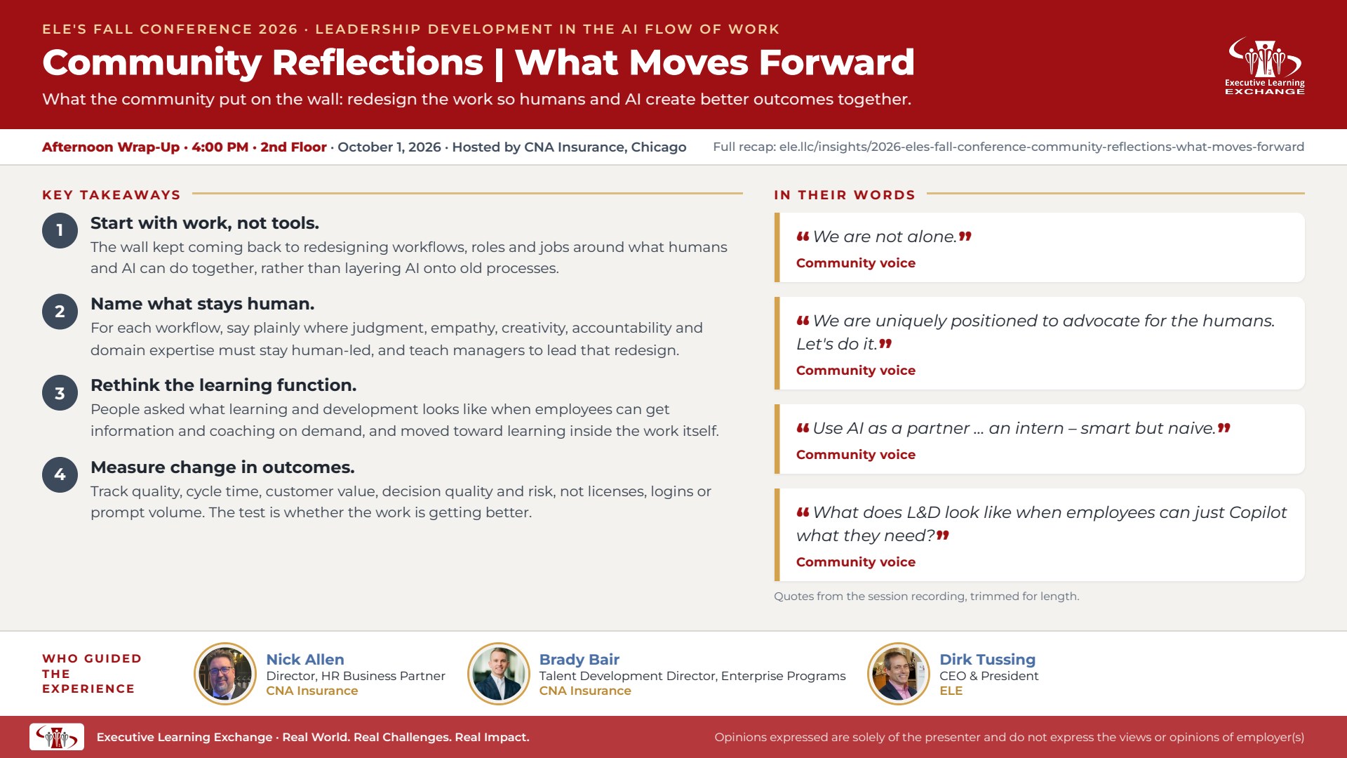 Session takeaways from ELE's Oct 1, 2026 Fall Conference: Community Reflections | What Moves Forward, with key points, quotes and facilitators.