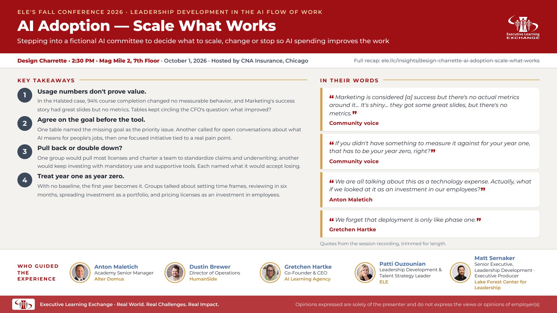 Session takeaways from ELE's Oct 1, 2026 Fall Conference: AI Adoption — Scale What Works, with key points, quotes and facilitators.