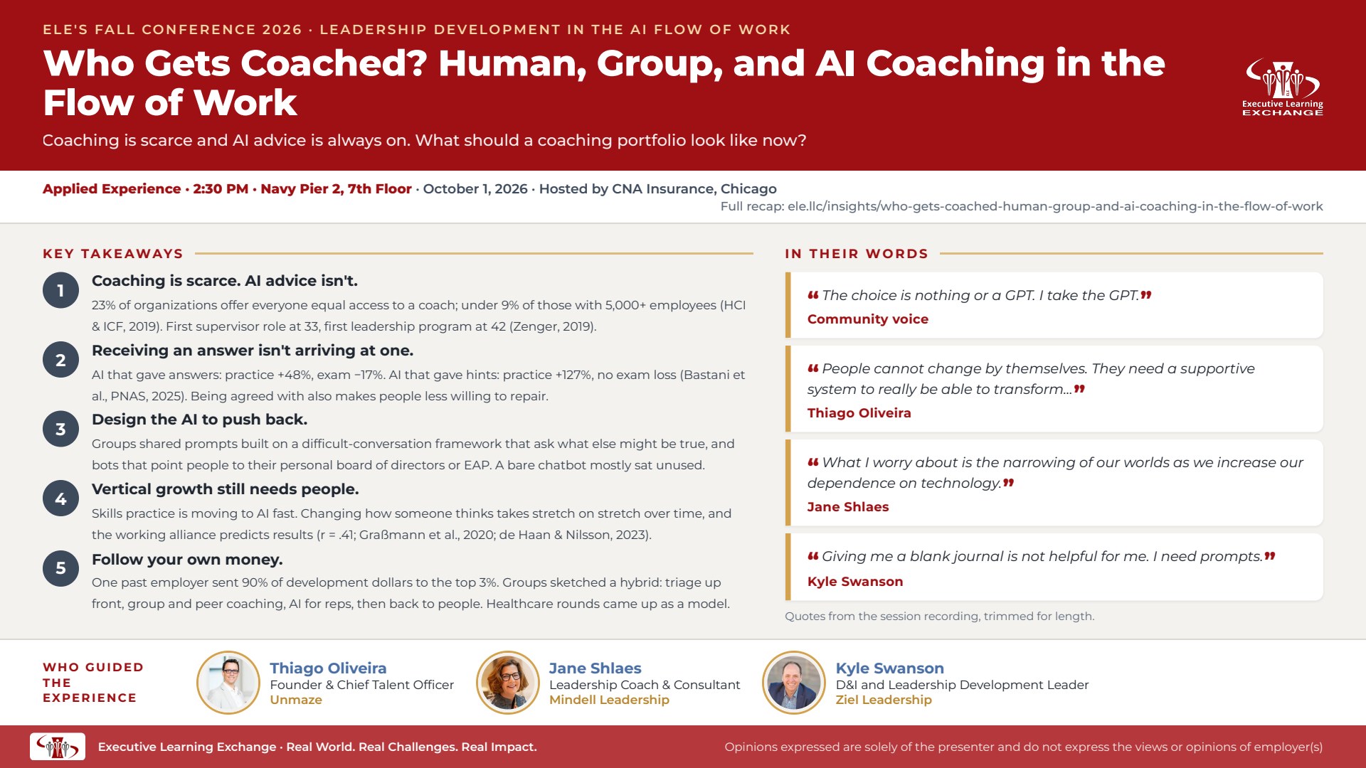 Session takeaways from ELE's Oct 1, 2026 Fall Conference: Who Gets Coached? Human, Group, and AI Coaching in the Flow of Work, with key points, quotes and facilitators.
