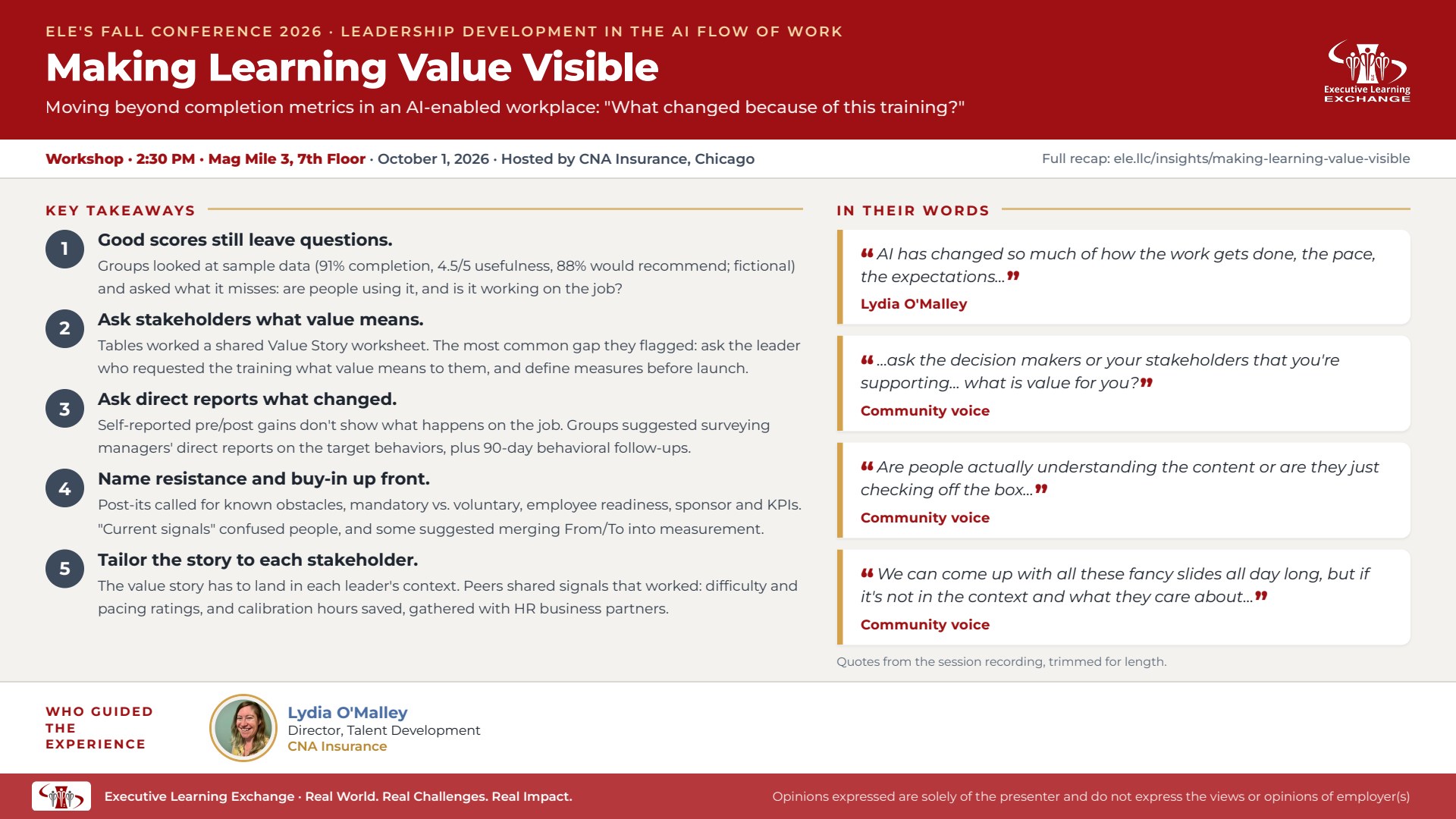 Session takeaways from ELE's Oct 1, 2026 Fall Conference: Making Learning Value Visible, with key points, quotes and facilitators.